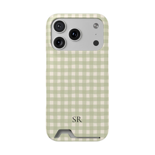 Personalized sage gingham phone case with card holder and initials, front view