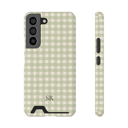 Personalized sage gingham phone case with card holder, back view