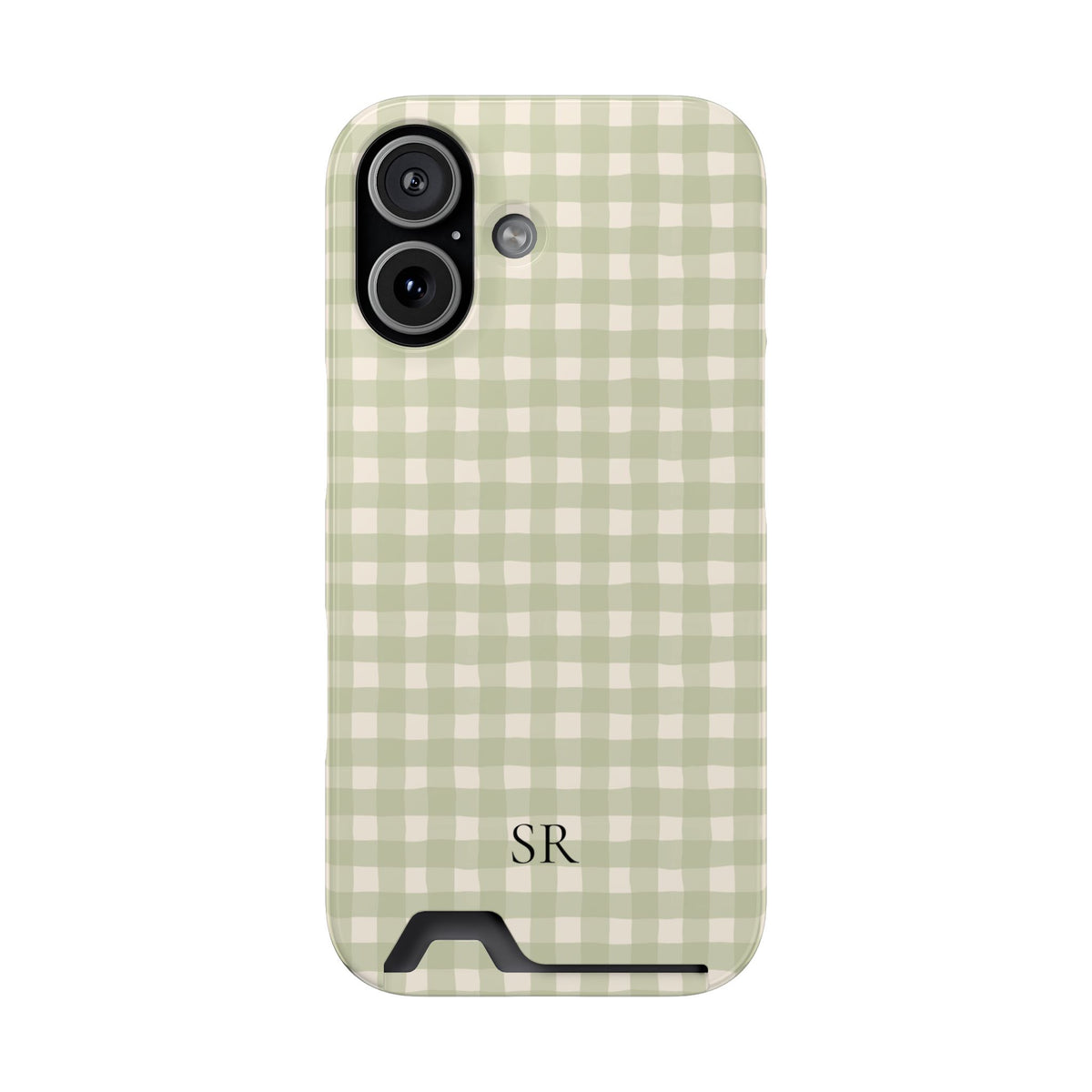 Personalized sage gingham phone case with card holder, side view