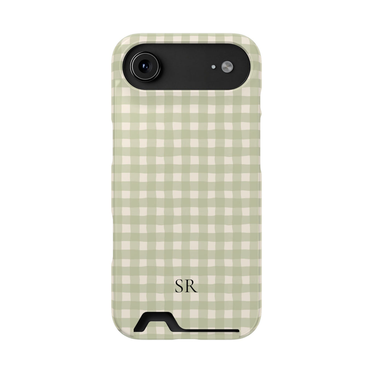Personalized sage gingham phone case with card holder, alternate view