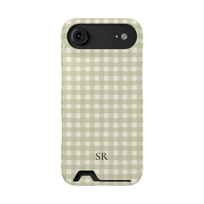 Personalized sage gingham phone case with card holder, alternate view