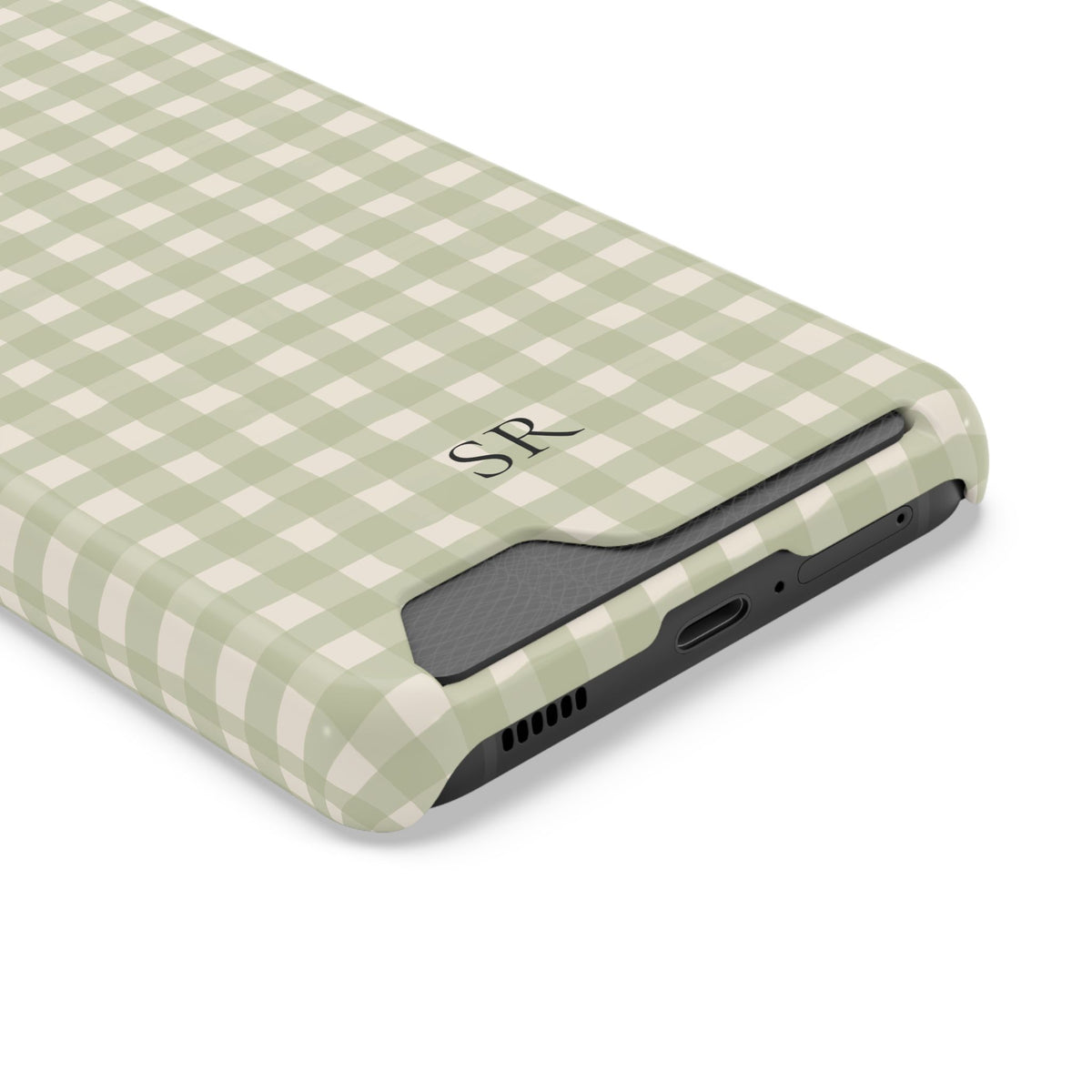 Personalized sage gingham phone case with card holder, angled view