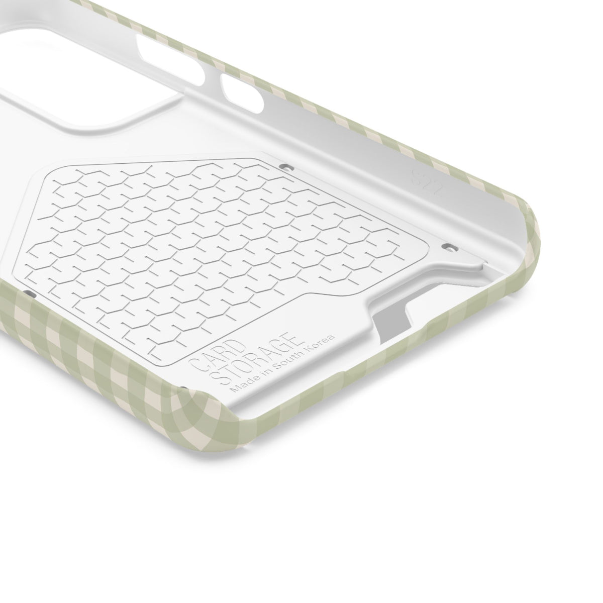 Personalized sage gingham phone case with card holder, lifestyle view