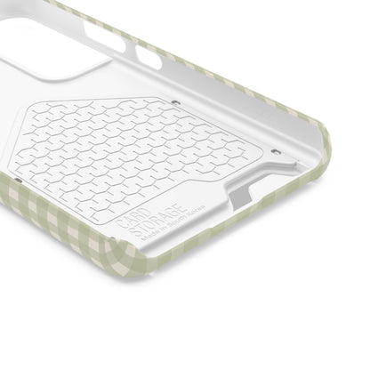 Personalized sage gingham phone case with card holder, lifestyle view