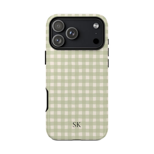 Personalized sage gingham tough phone case with initials, front view