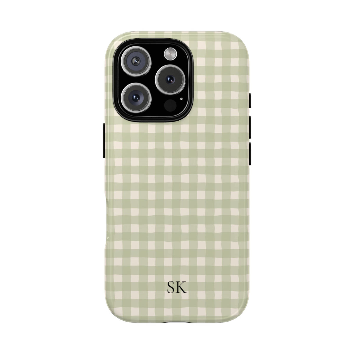 Personalized sage gingham tough phone case, side view