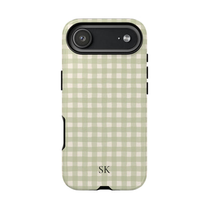 Personalized sage gingham tough phone case, detail view
