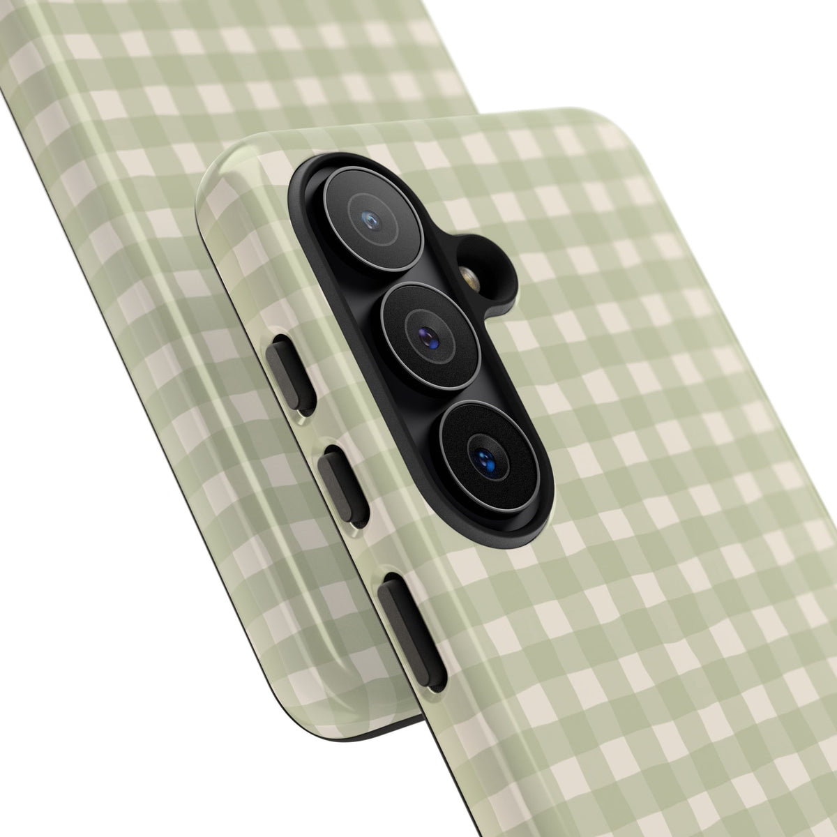 Personalized sage gingham tough phone case, angled view