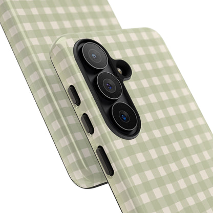 Personalized sage gingham tough phone case, angled view