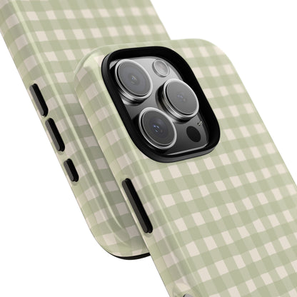 Personalized sage gingham tough phone case, lifestyle view