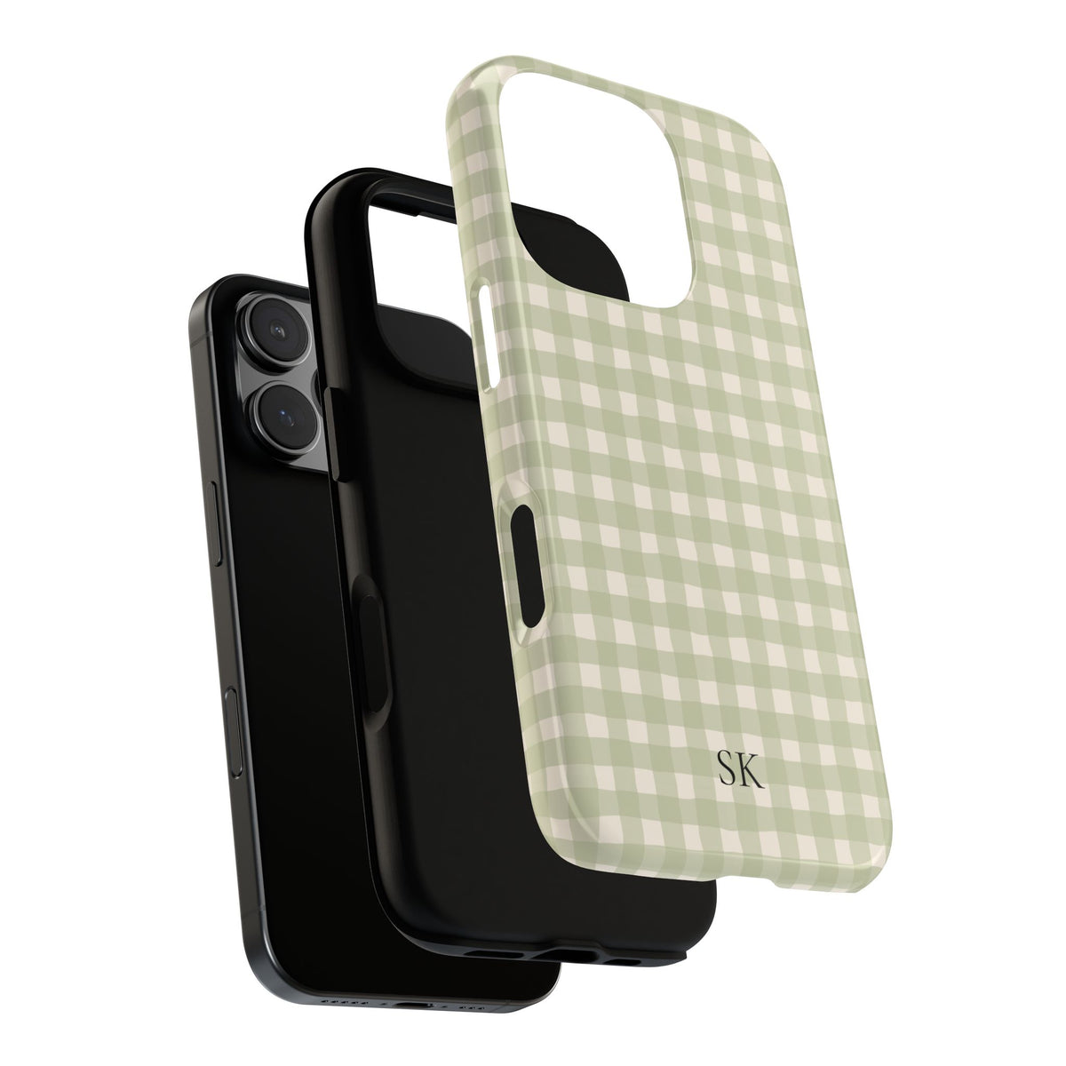 Personalized sage gingham tough phone case, glossy or matte