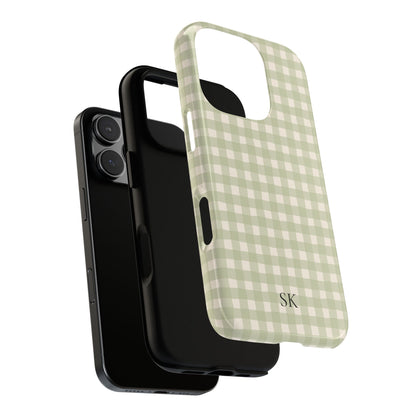 Personalized sage gingham tough phone case, glossy or matte