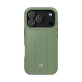 Personalized sage green striped MagSafe phone case with initials, back view