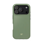 Personalized sage green striped MagSafe phone case with initials, back view