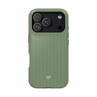 Personalized sage green striped MagSafe phone case with initials, back view