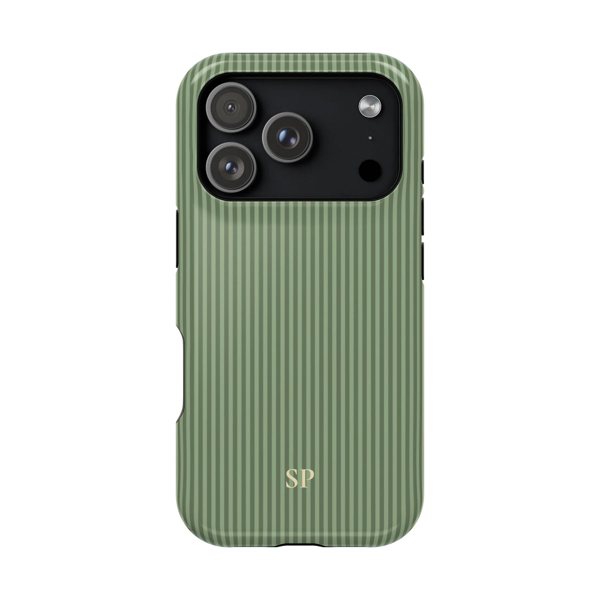 Personalized sage green striped MagSafe phone case with initials, back view