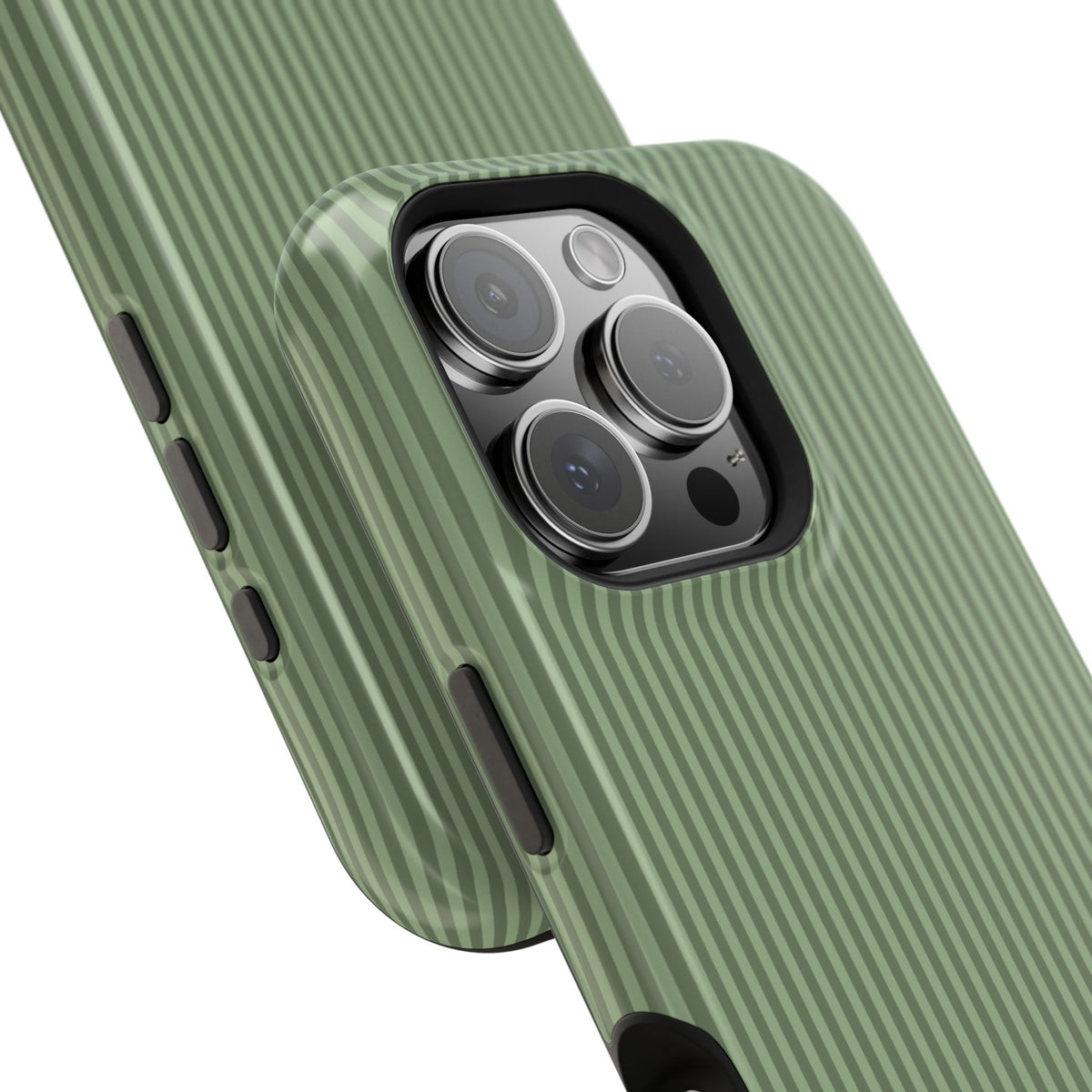 Personalized sage green striped MagSafe phone case, side view