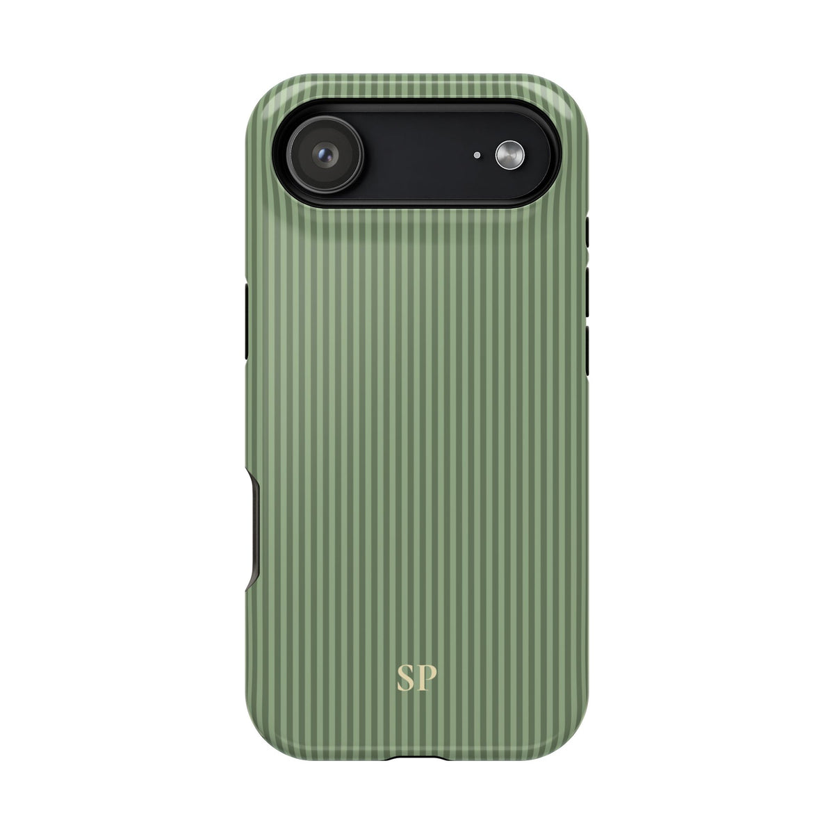Sage green pinstripe MagSafe phone case with monogram initials
