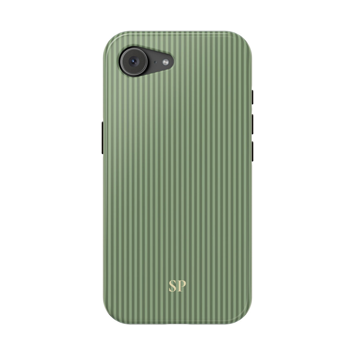 Personalized sage green striped MagSafe phone case detail