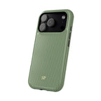 Sage striped MagSafe iPhone case with yellow initials