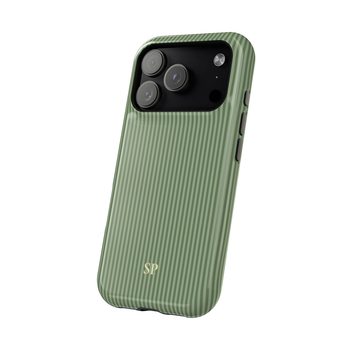 Sage striped MagSafe iPhone case with yellow initials