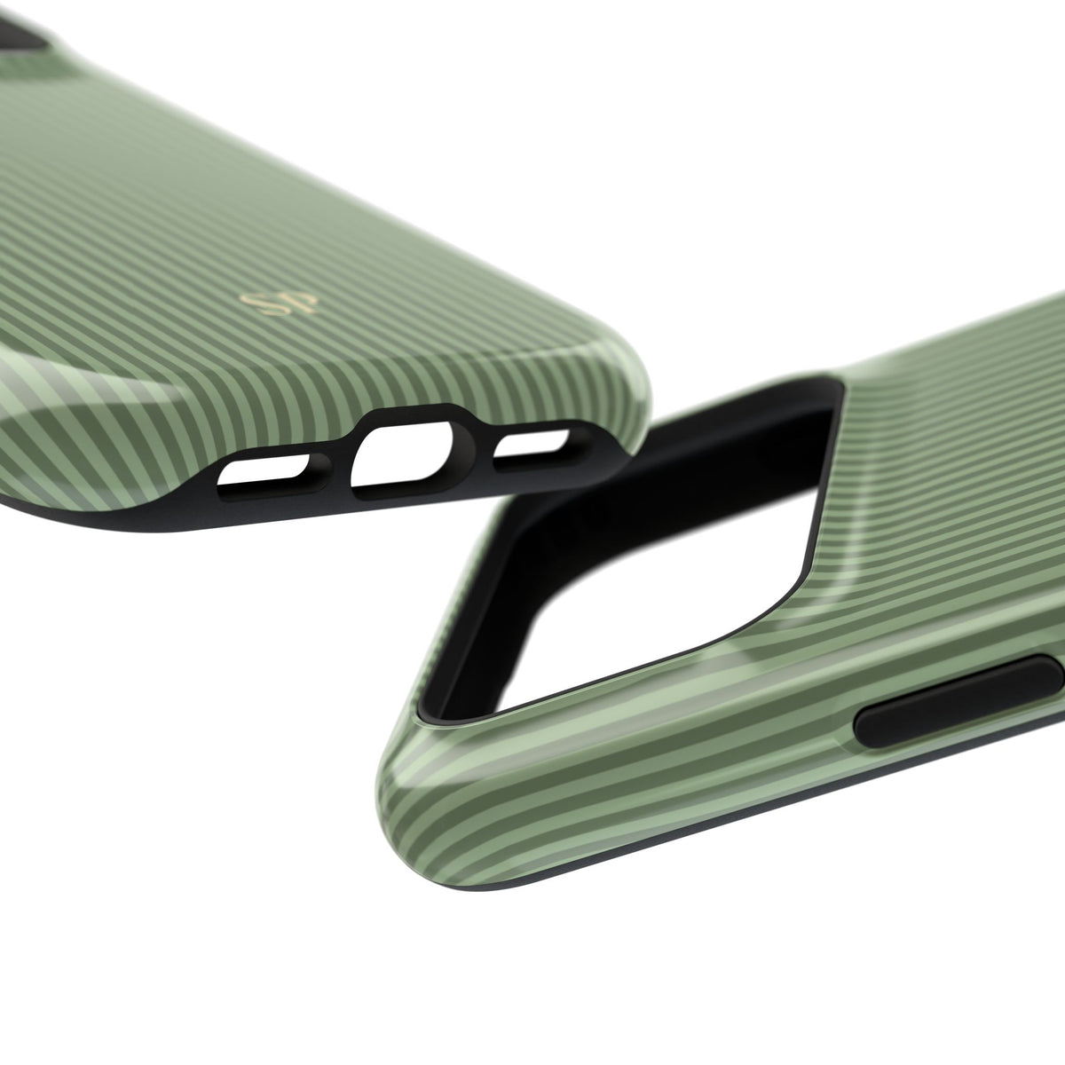 Personalized sage green striped MagSafe phone case, angled view