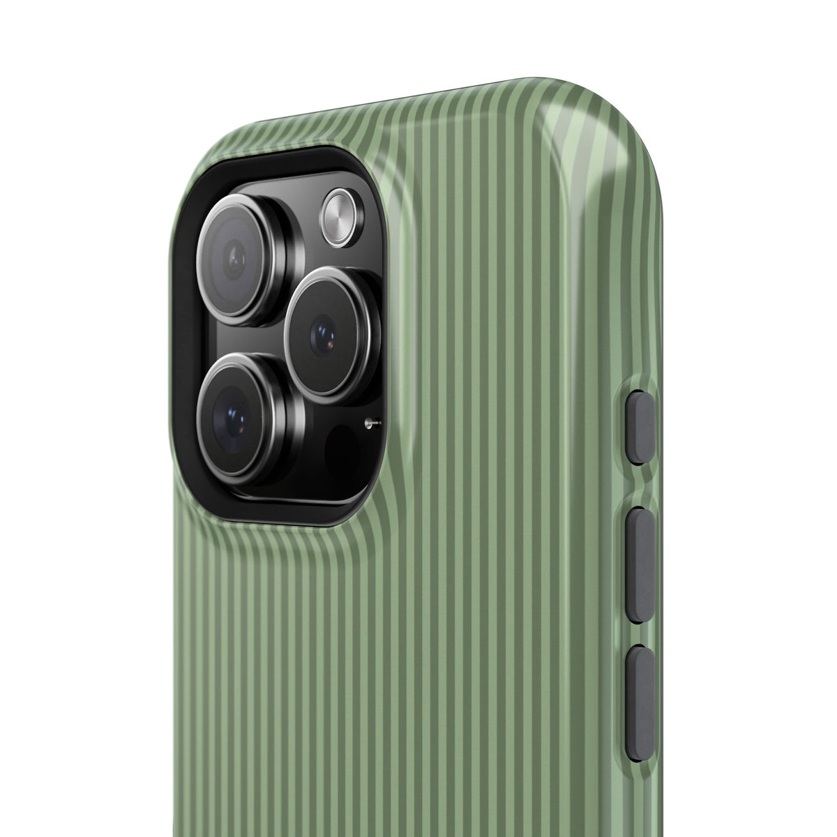 Personalized sage green striped MagSafe phone case with initials, close-up