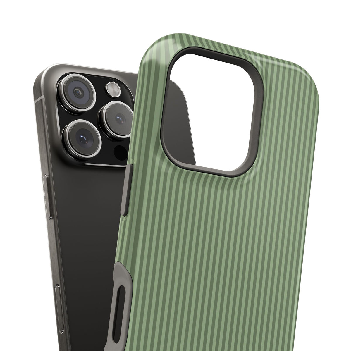 Sage green striped MagSafe case with monogram, edge detail