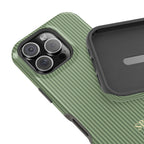 Personalized sage green striped MagSafe phone case in hand