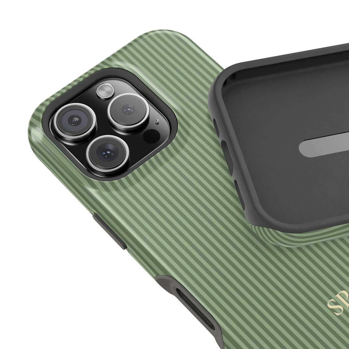 Personalized sage green striped MagSafe phone case in hand