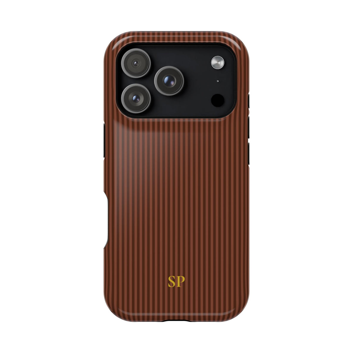 Personalized walnut brown striped MagSafe phone case with initials, back view