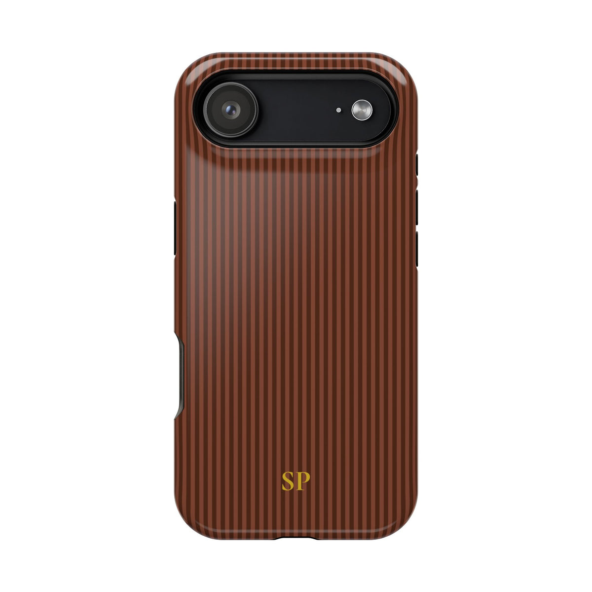 Walnut brown pinstripe MagSafe phone case with monogram initials