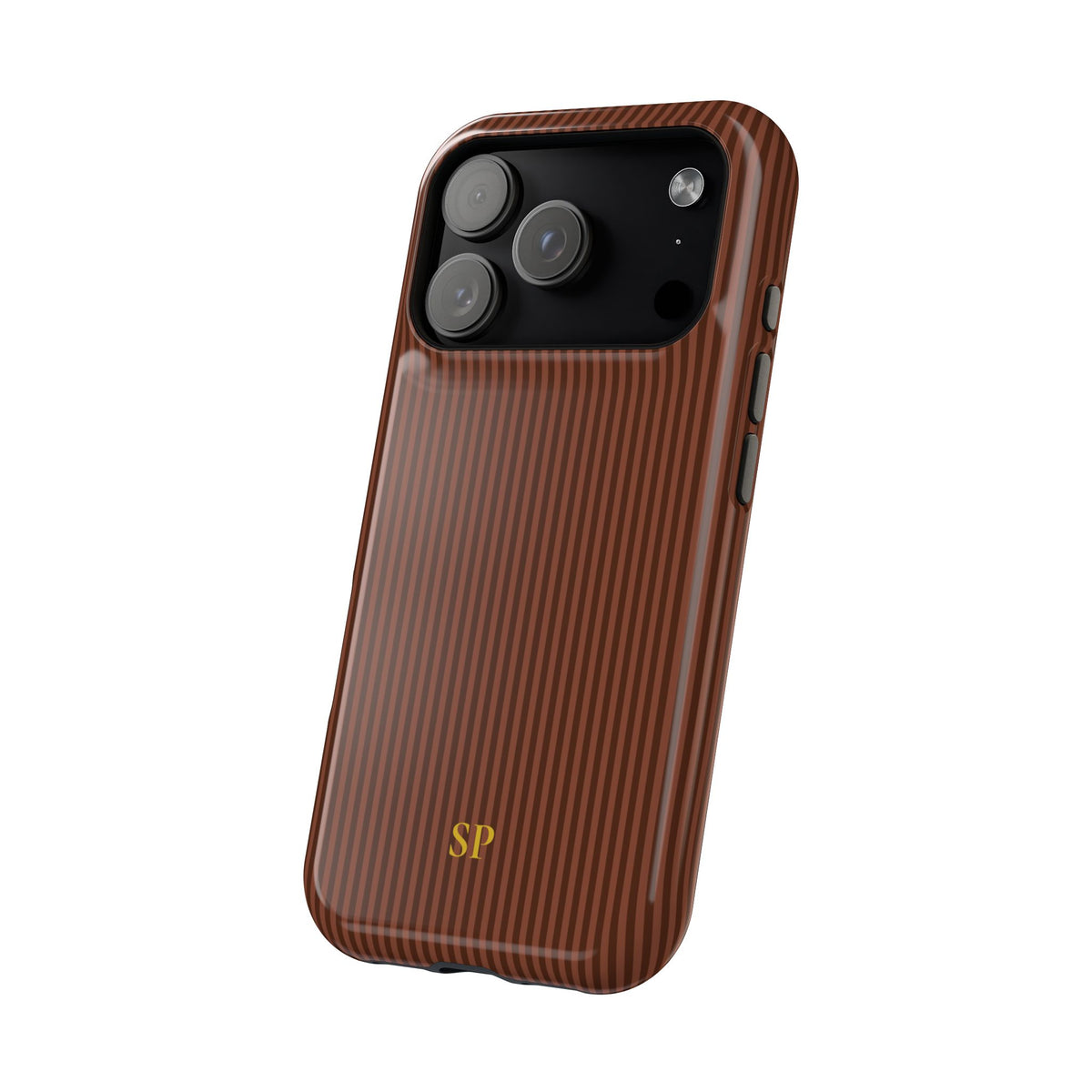 Walnut brown pinstripe MagSafe phone case with initials in yellow