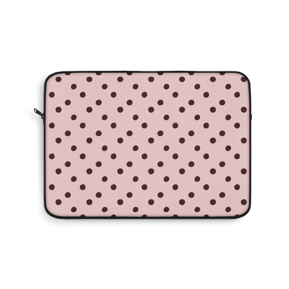 Pink and brown polka dot laptop sleeve, chocolate dots on soft pink