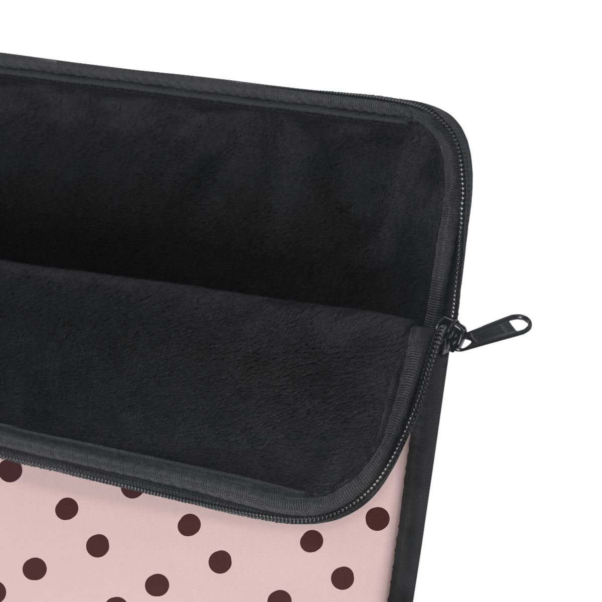 Pink and brown polka dot laptop sleeve, detail view