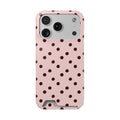 Pink and brown polka dot phone case with card holder, front view
