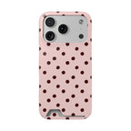 Pink and brown polka dot phone case with card holder, front view
