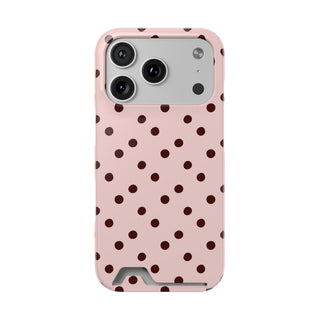 Pink and brown polka dot phone case with card holder, front view