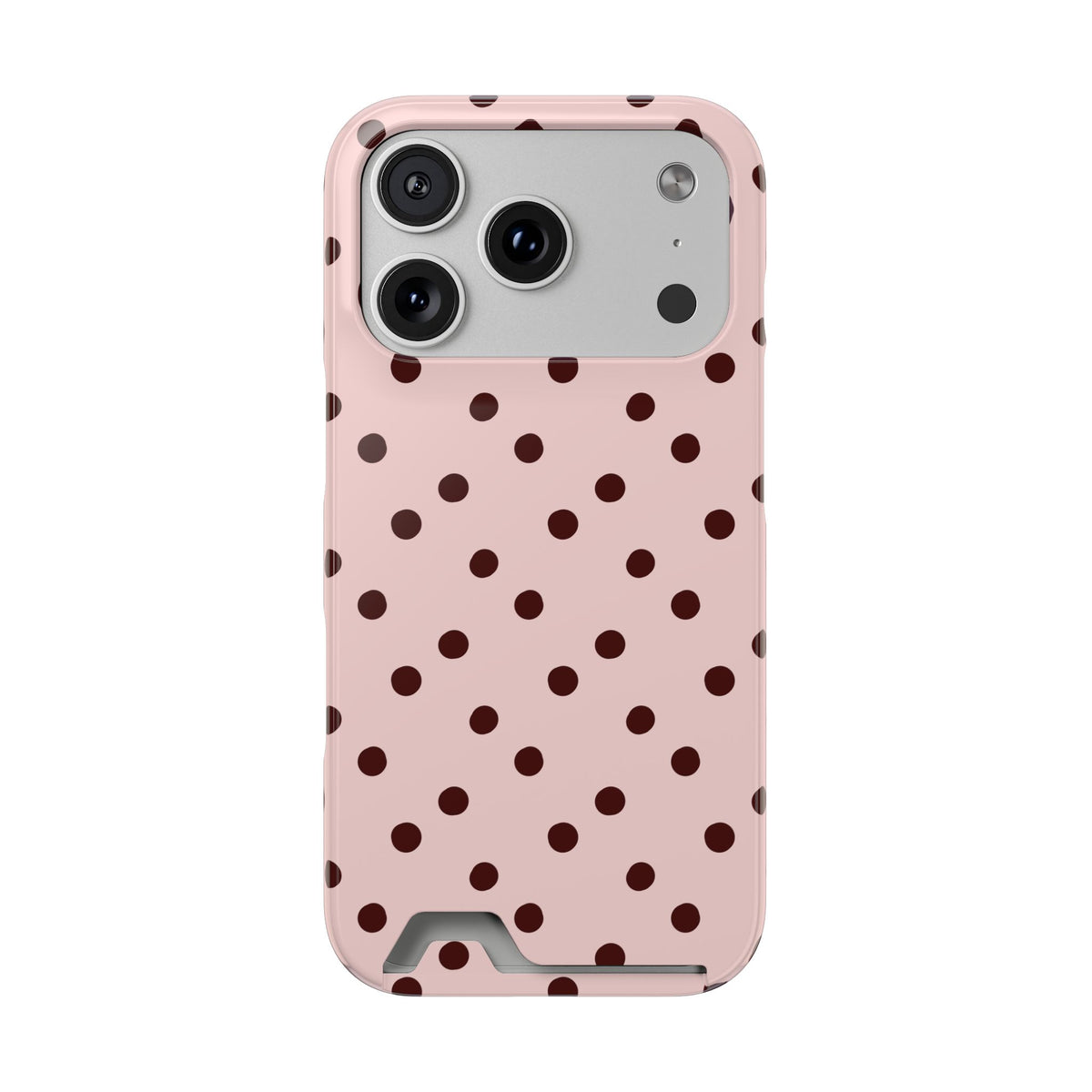 Pink and brown polka dot phone case with card holder, front view