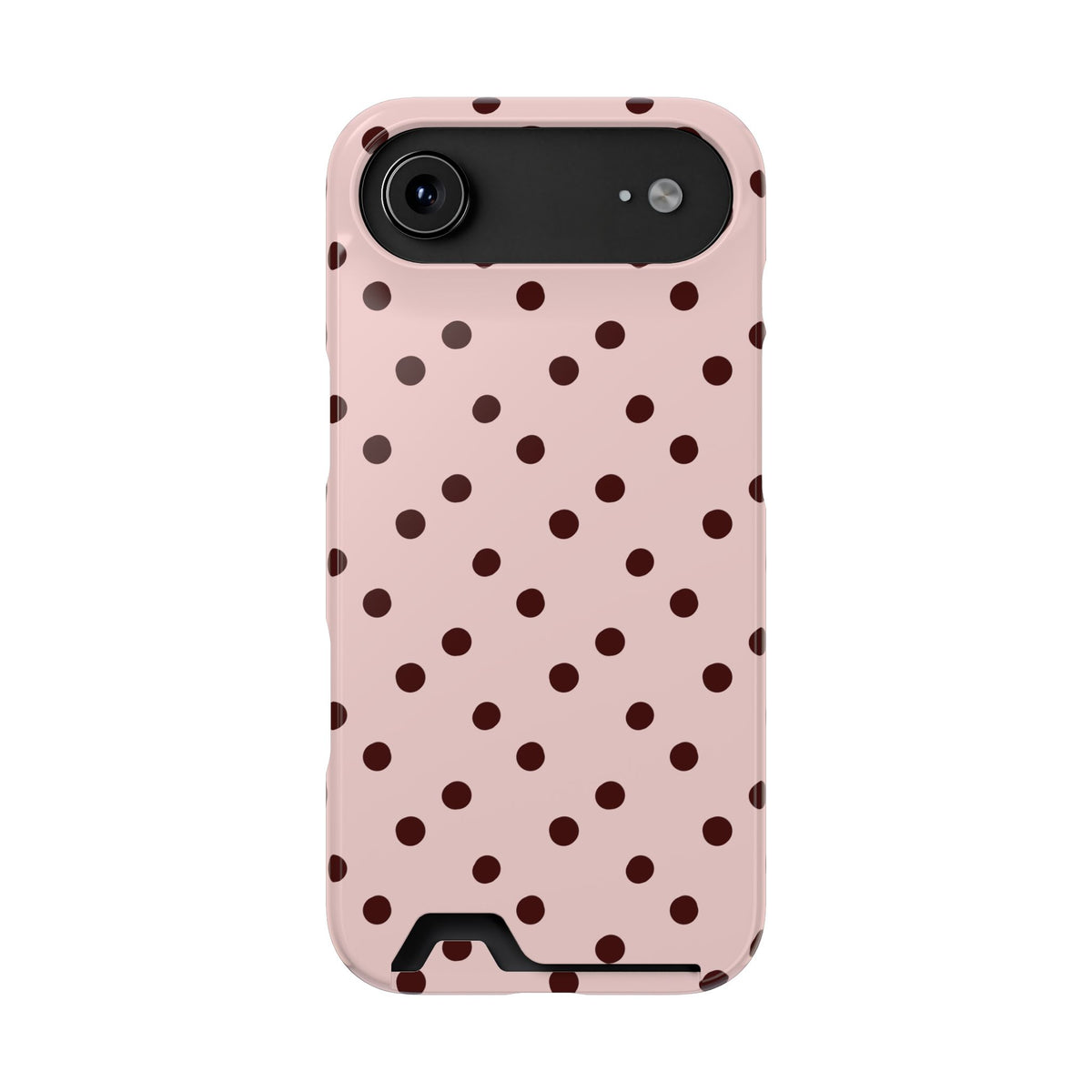 Pink and brown polka dot phone case with card holder, alternate view