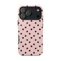 Pink and brown polka dot tough phone case, front view