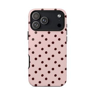 Pink and brown polka dot tough phone case, front view