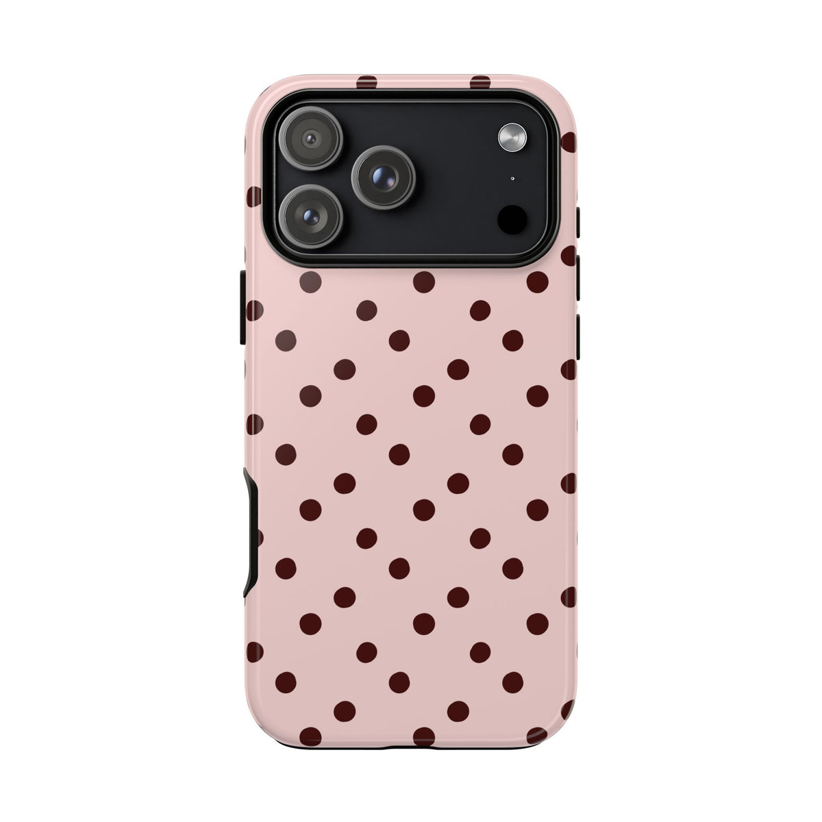 Pink and brown polka dot tough phone case, front view