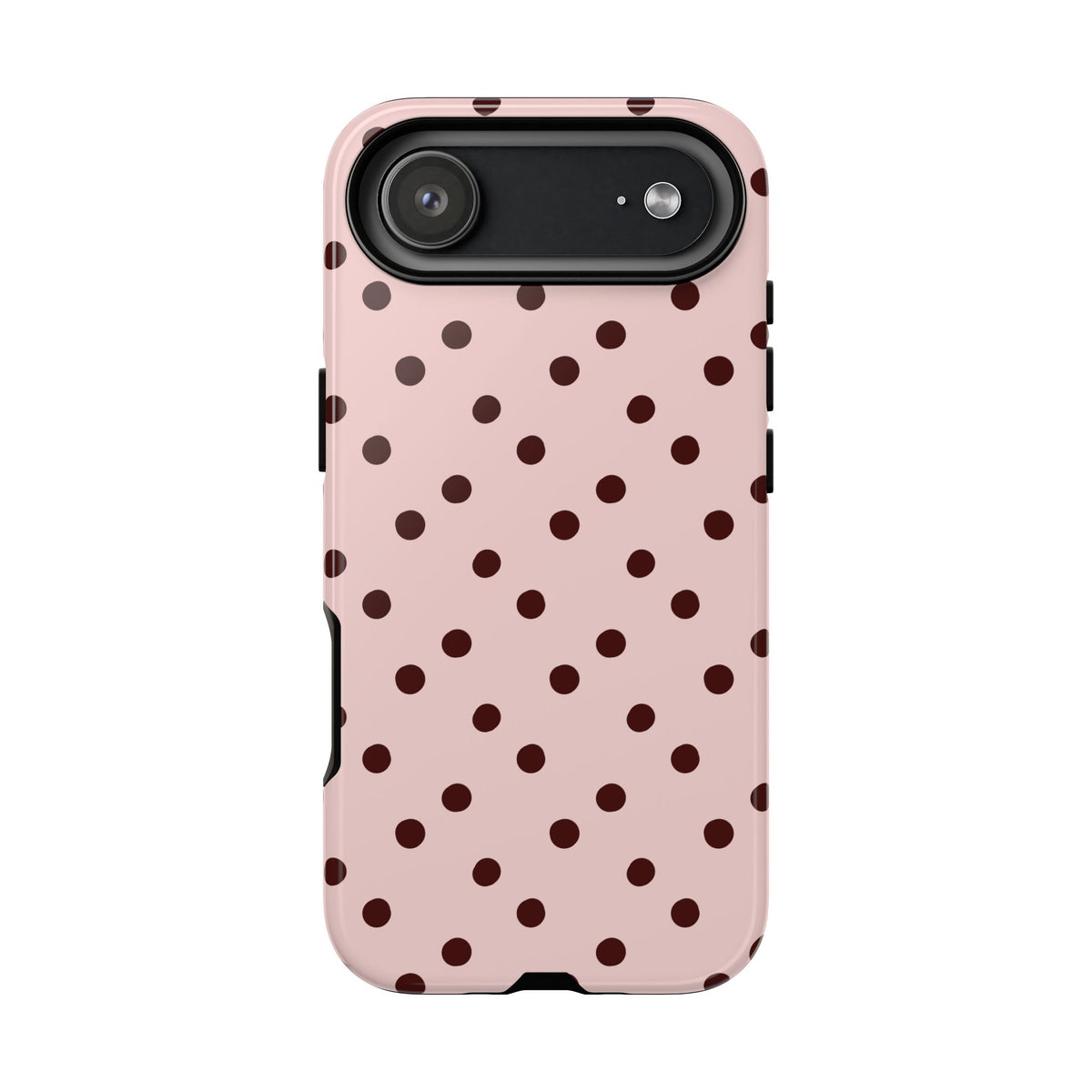 Pink and brown polka dot tough phone case, detail view