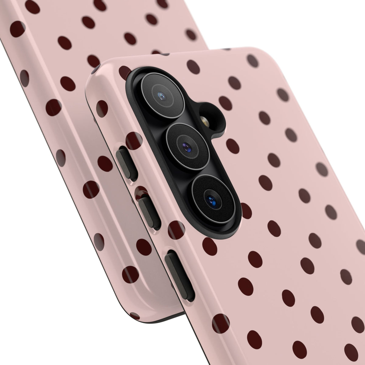 Pink and brown polka dot tough phone case, angled view