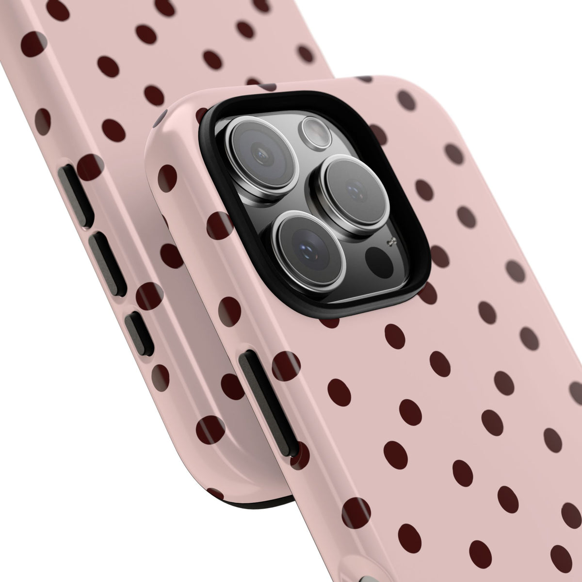 Pink and brown polka dot tough phone case, lifestyle view