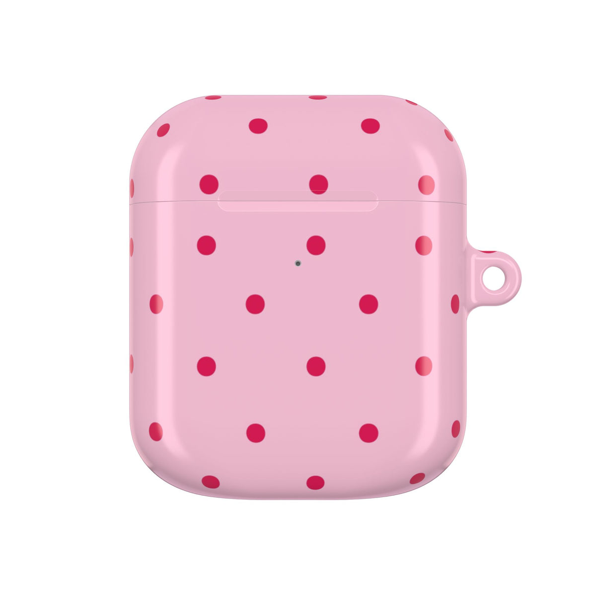 Pink AirPod case with red polka dots and carabiner clip
