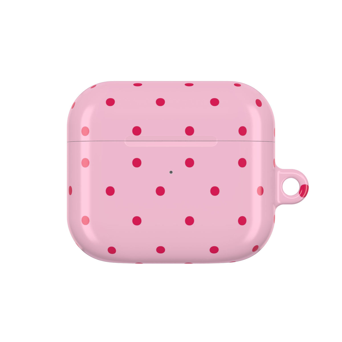 Pink and red dotted AirPod case seen from the side