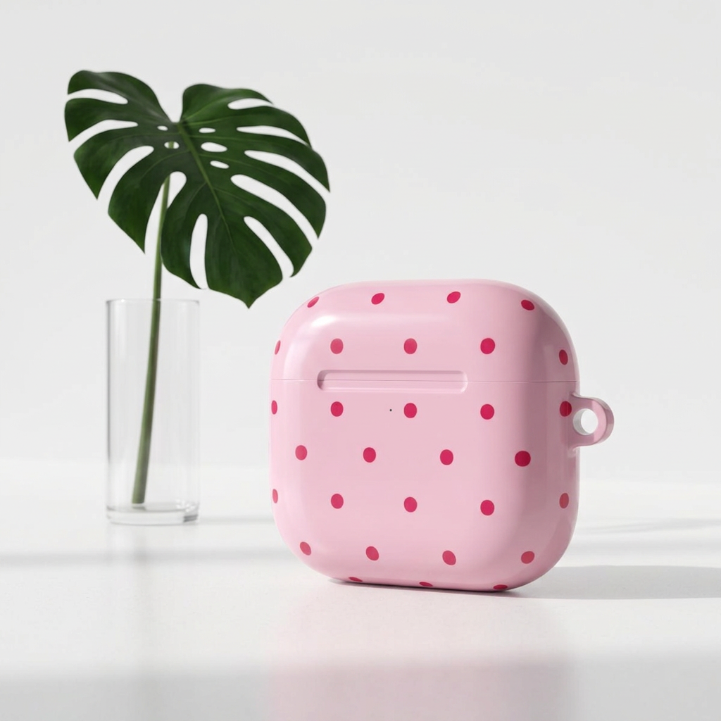 Red dots on dusty pink, print for an AirPod case