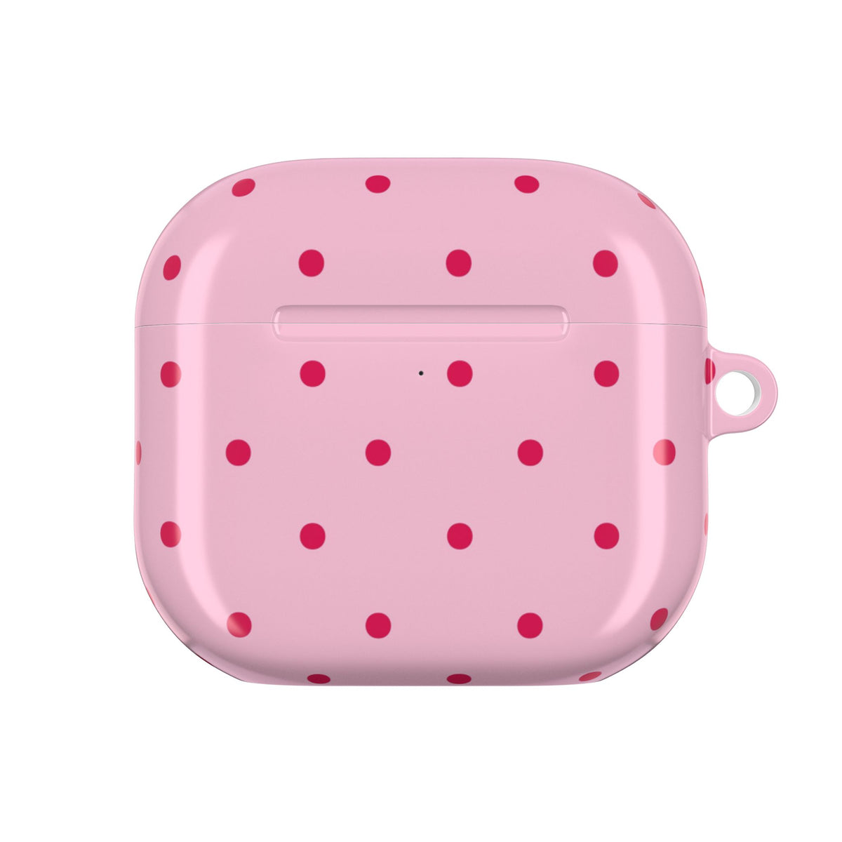 Pink and red polka dot AirPod case held in hand